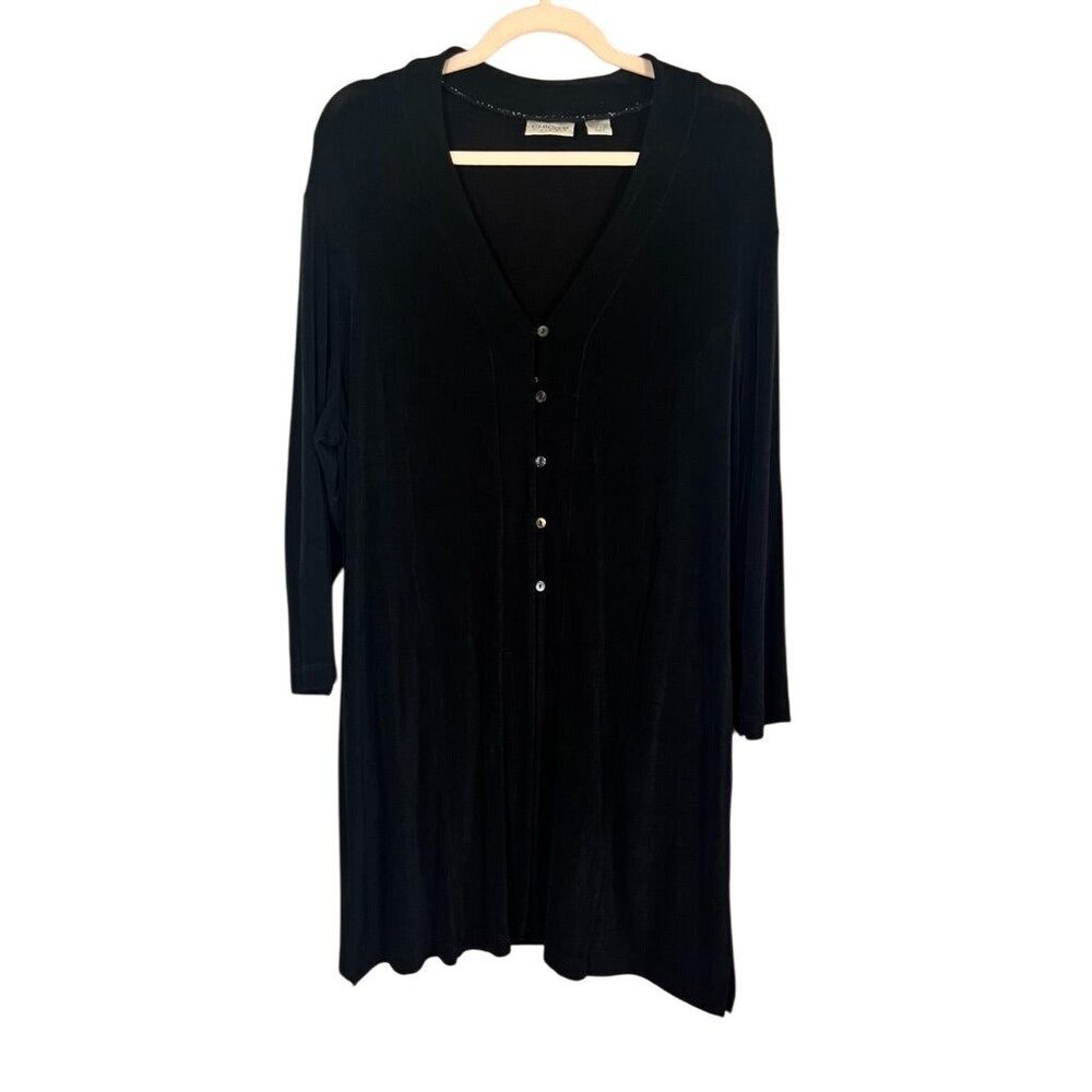 Chicos Liquid Knit Cardigan XL Black Ribbed Neutral Resort Minimalist Preppy 80s